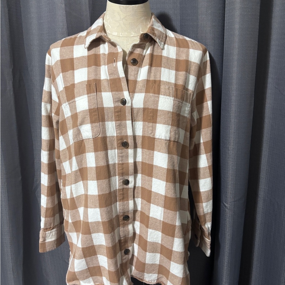 J. Crew Tan and White Checkered Button Up Shirt